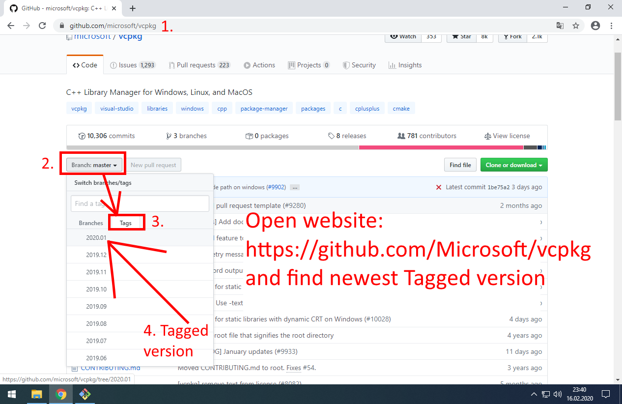 Open website: https://github.com/Microsoft/vcpkg and find newest tagged version