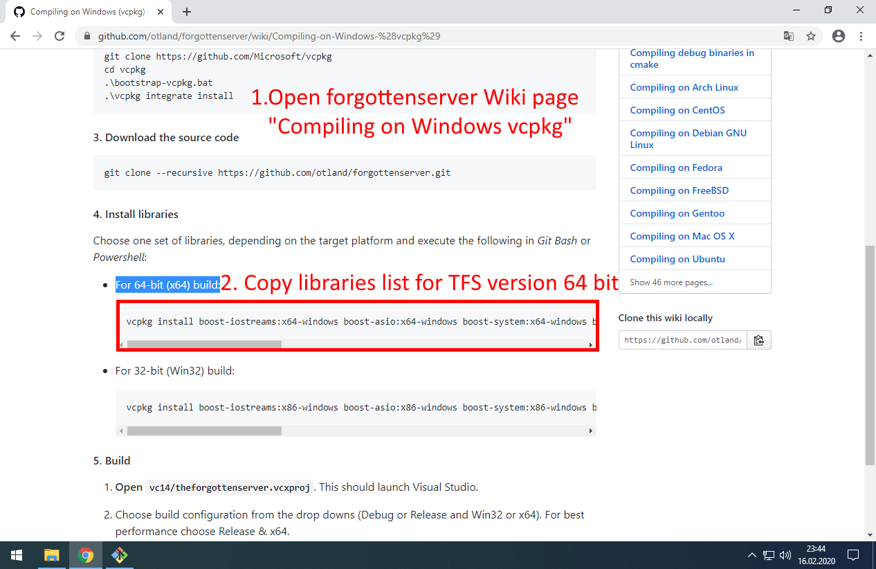 Copy current libraries list from official TFS wiki (for 64-bit): https://github.com/otland/forgottenserver/wiki/Compiling-on-Windows-%28vcpkg%29