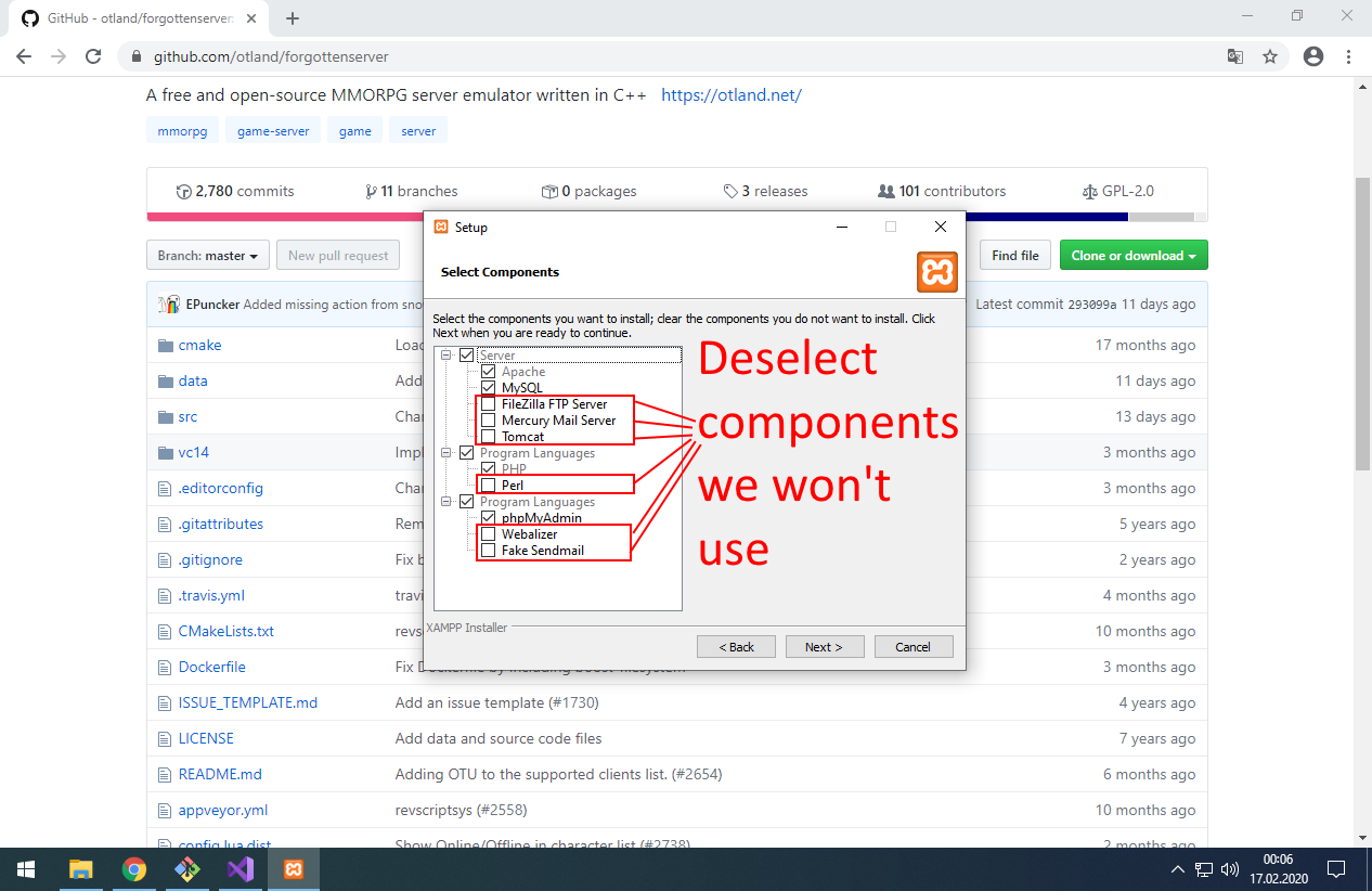 During installation deselect components we won't use for OTS development.