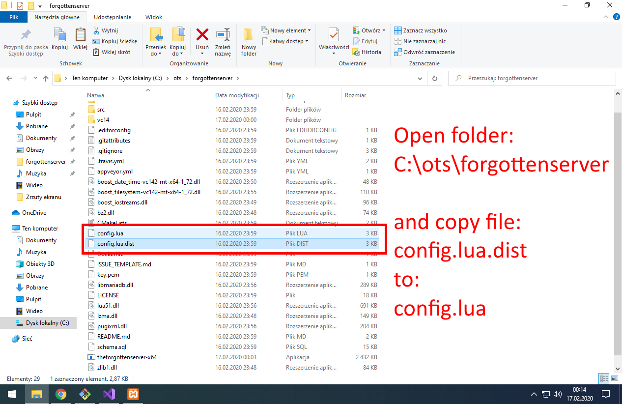 Open folder C:\ots\forgottenserver and copy file config.lua.dist to config.lua