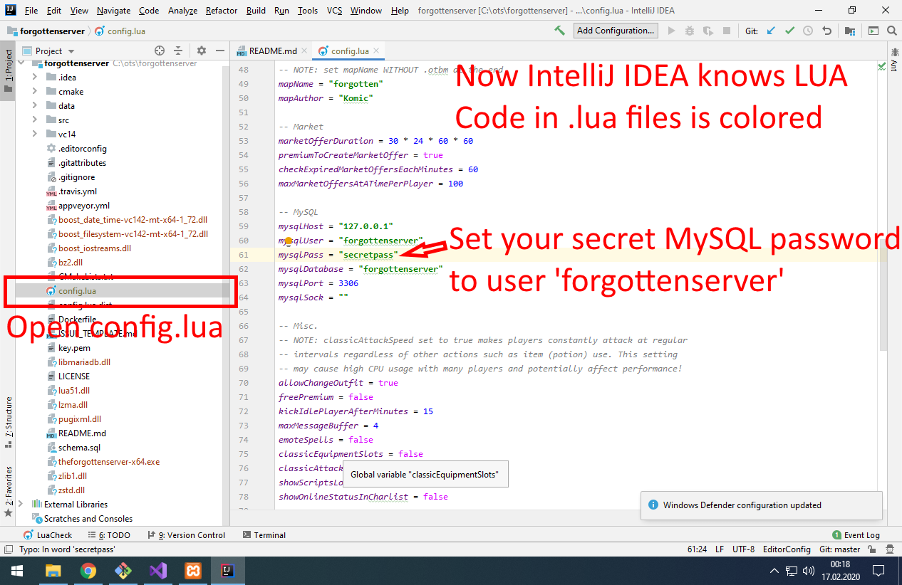 Configure your password to database user forgottenserver in file config.lua