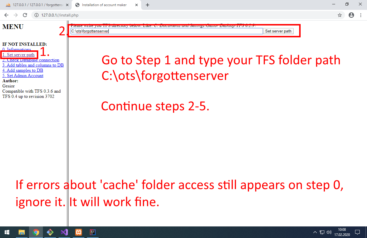 Click link to Step 1 in left side menu. Type path to TFS: C:\ots\forgottenserver